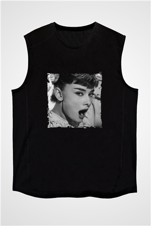 Audrey Hepburn Baskılı Unisex Siyah Kolsuz Tişört