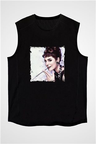 Audrey Hepburn Baskılı Unisex Siyah Kolsuz Tişört