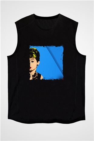 Audrey Hepburn Baskılı Unisex Siyah Kolsuz Tişört