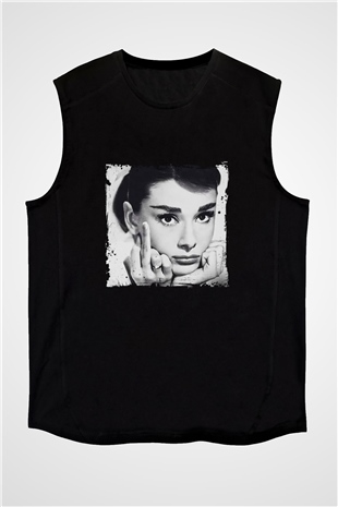 Audrey Hepburn Baskılı Unisex Siyah Kolsuz Tişört