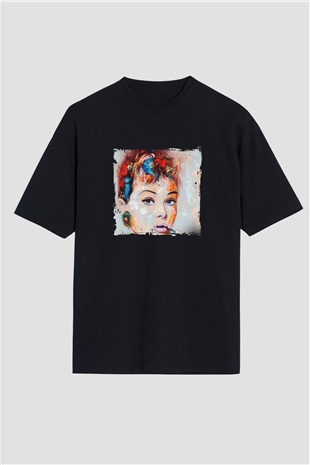Audrey Hepburn Baskılı Unisex Siyah Oversize Tişört