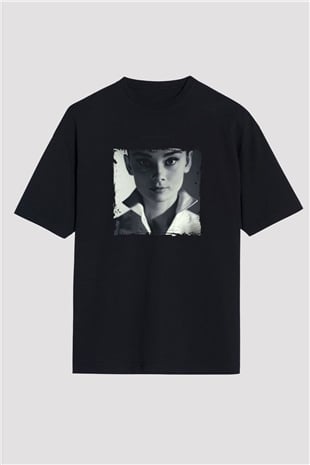 Audrey Hepburn Baskılı Unisex Siyah Oversize Tişört