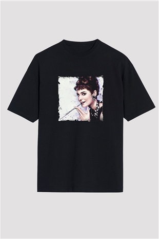 Audrey Hepburn Baskılı Unisex Siyah Oversize Tişört