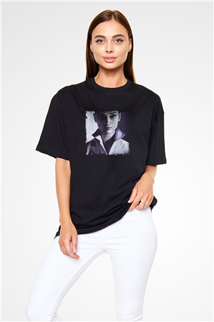 Audrey Hepburn Baskılı Unisex Siyah Oversize Tişört