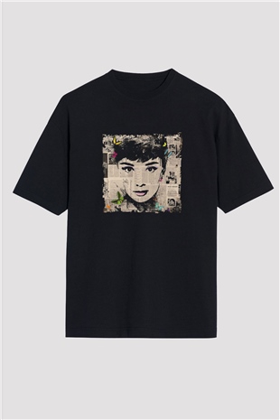 Audrey Hepburn Baskılı Unisex Siyah Oversize Tişört