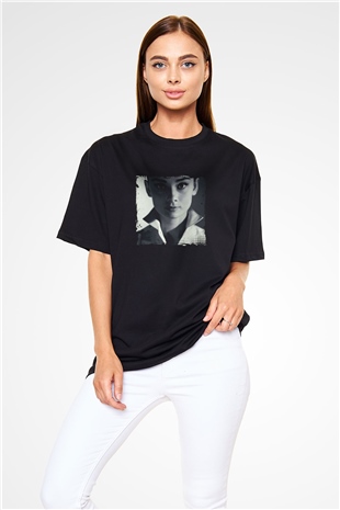 Audrey Hepburn Baskılı Unisex Siyah Oversize Tişört