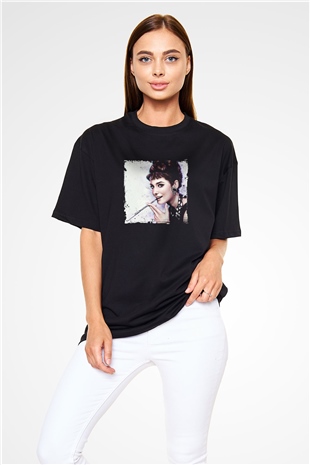 Audrey Hepburn Baskılı Unisex Siyah Oversize Tişört