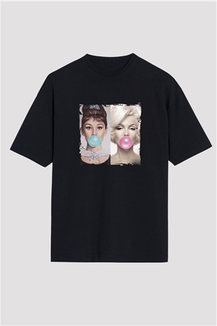 Audrey Hepburn Baskılı Unisex Siyah Oversize Tişört