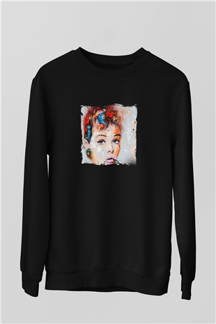 Audrey Hepburn Baskılı Unisex Siyah Sweatshirt