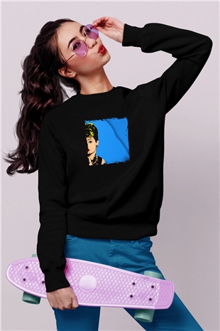 Audrey Hepburn Baskılı Unisex Siyah Sweatshirt