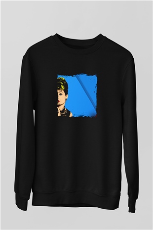 Audrey Hepburn Baskılı Unisex Siyah Sweatshirt
