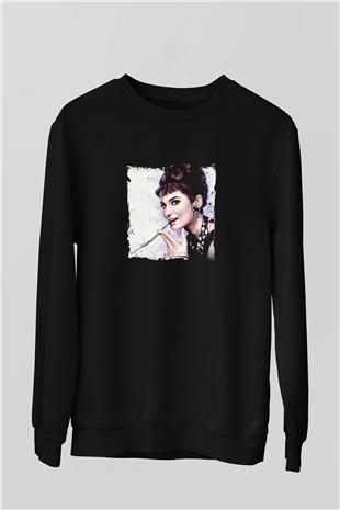 Audrey Hepburn Baskılı Unisex Siyah Sweatshirt