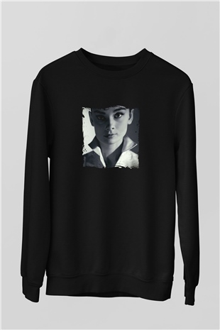 Audrey Hepburn Baskılı Unisex Siyah Sweatshirt