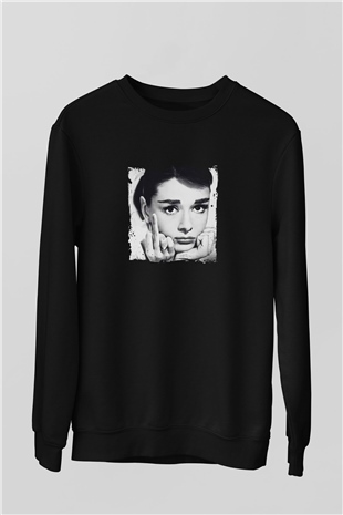 Audrey Hepburn Baskılı Unisex Siyah Sweatshirt
