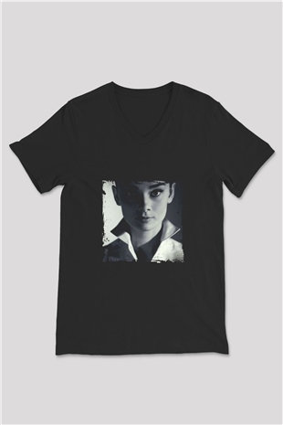 Audrey Hepburn Baskılı Unisex Siyah V Yaka Tişört