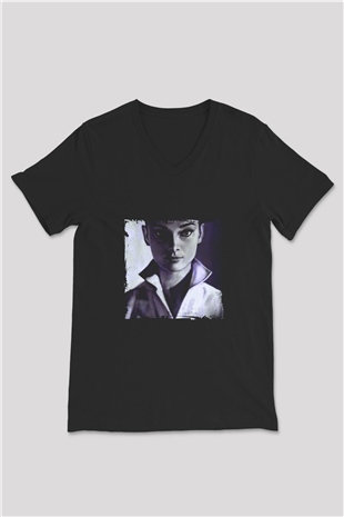 Audrey Hepburn Baskılı Unisex Siyah V Yaka Tişört