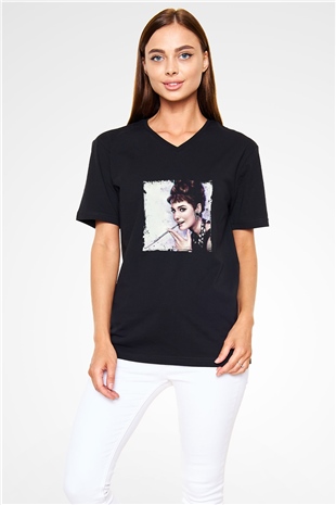 Audrey Hepburn Baskılı Unisex Siyah V Yaka Tişört