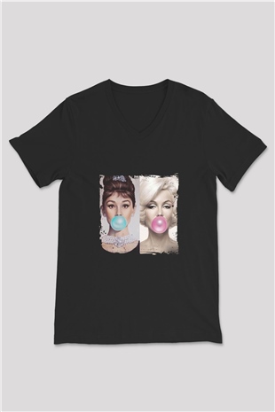 Audrey Hepburn Baskılı Unisex Siyah V Yaka Tişört