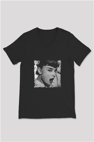 Audrey Hepburn Baskılı Unisex Siyah V Yaka Tişört