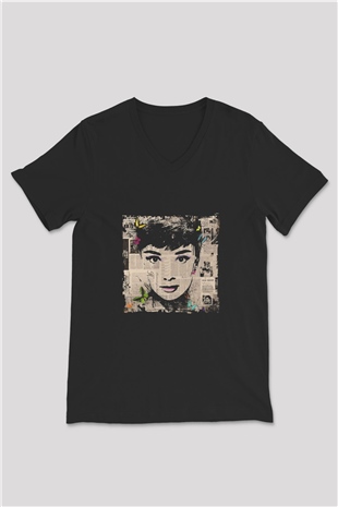 Audrey Hepburn Baskılı Unisex Siyah V Yaka Tişört
