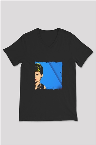 Audrey Hepburn Baskılı Unisex Siyah V Yaka Tişört