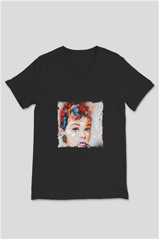 Audrey Hepburn Baskılı Unisex Siyah V Yaka Tişört