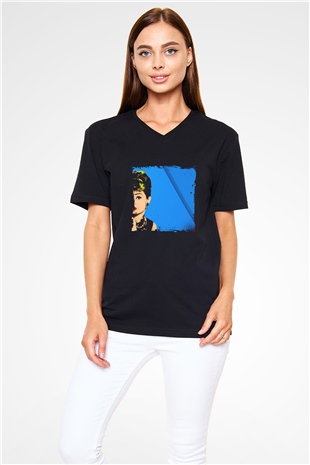Audrey Hepburn Baskılı Unisex Siyah V Yaka Tişört