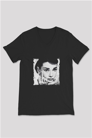 Audrey Hepburn Baskılı Unisex Siyah V Yaka Tişört