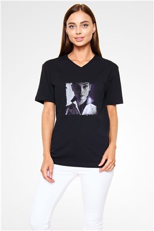 Audrey Hepburn Baskılı Unisex Siyah V Yaka Tişört