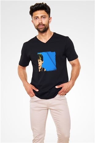 Audrey Hepburn Baskılı Unisex Siyah V Yaka Tişört