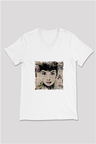 Audrey Hepburn Baskılı V Yaka Unisex Beyaz Tişört
