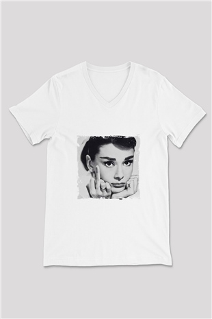 Audrey Hepburn Baskılı V Yaka Unisex Beyaz Tişört