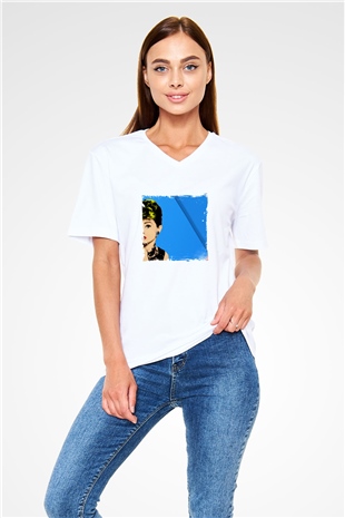 Audrey Hepburn Baskılı V Yaka Unisex Beyaz Tişört