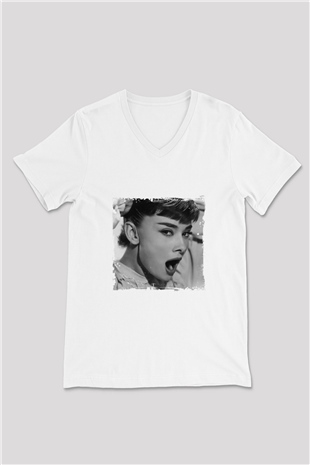 Audrey Hepburn Baskılı V Yaka Unisex Beyaz Tişört