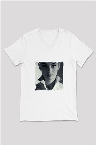 Audrey Hepburn Baskılı V Yaka Unisex Beyaz Tişört