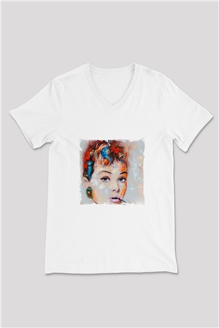 Audrey Hepburn Baskılı V Yaka Unisex Beyaz Tişört
