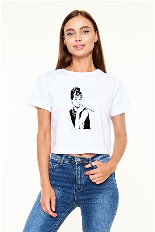 Audrey Hepburn Beyaz Croptop Tişört