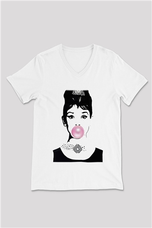 Audrey Hepburn Beyaz Unisex V Yaka Tişört T-Shirt