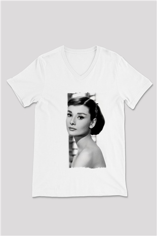 Audrey Hepburn Beyaz Unisex V Yaka Tişört