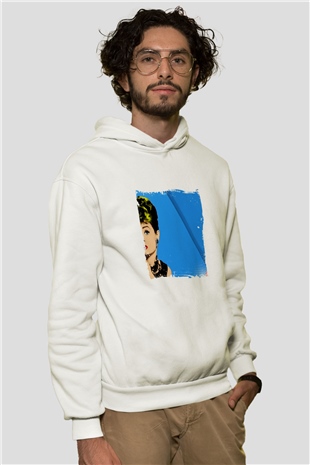 Audrey Hepburn Unisex Baskılı Beyaz Kapüşonlu Sweatshirt