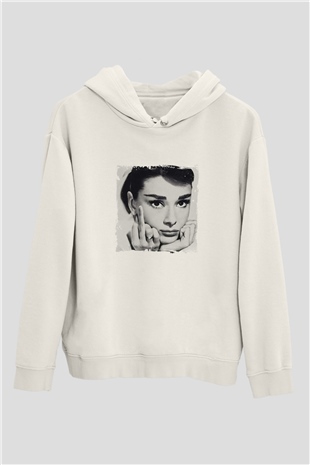 Audrey Hepburn Unisex Baskılı Beyaz Kapüşonlu Sweatshirt