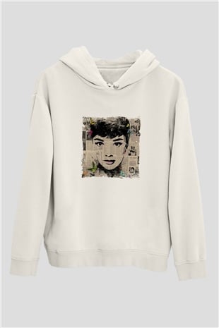 Audrey Hepburn Unisex Baskılı Beyaz Kapüşonlu Sweatshirt