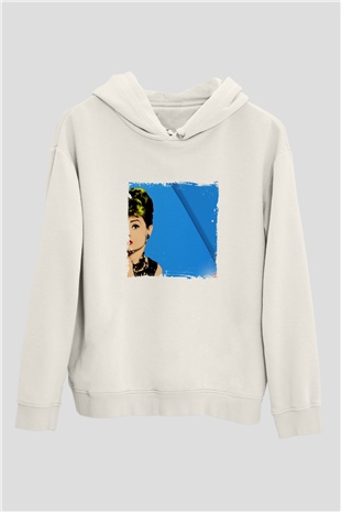 Audrey Hepburn Unisex Baskılı Beyaz Kapüşonlu Sweatshirt