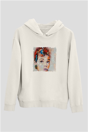Audrey Hepburn Unisex Baskılı Beyaz Kapüşonlu Sweatshirt