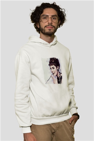 Audrey Hepburn Unisex Baskılı Beyaz Kapüşonlu Sweatshirt