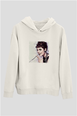 Audrey Hepburn Unisex Baskılı Beyaz Kapüşonlu Sweatshirt