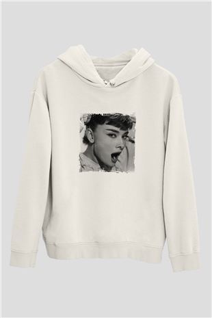 Audrey Hepburn Unisex Baskılı Beyaz Kapüşonlu Sweatshirt