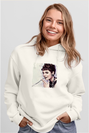 Audrey Hepburn Unisex Baskılı Beyaz Kapüşonlu Sweatshirt