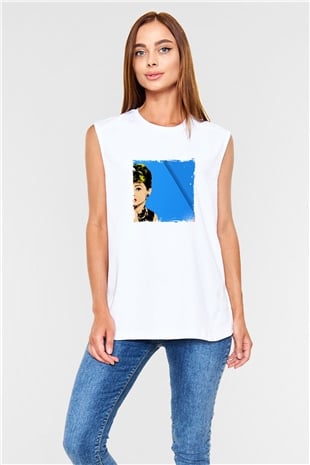 Audrey Hepburn Unisex Baskılı Beyaz Kolsuz Tişört