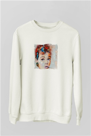 Audrey Hepburn Unisex Baskılı Beyaz Sweatshirt
